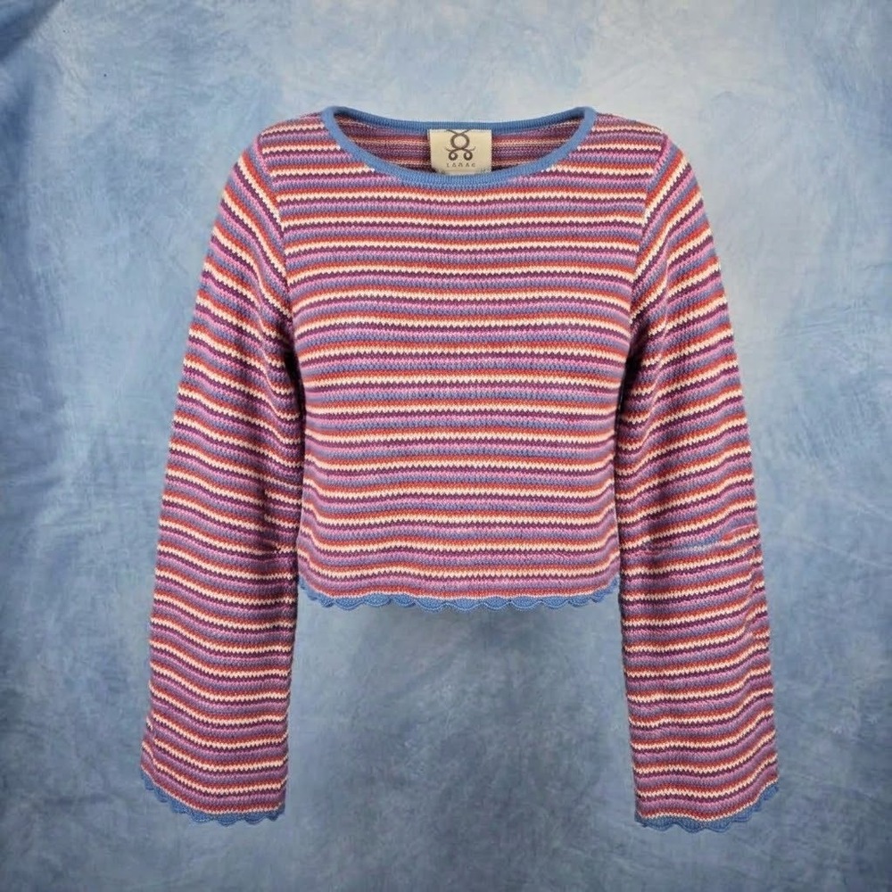 Figue Womens Striped Crochet Trim Cropped Sweater Bell Sleeve Cotton Large